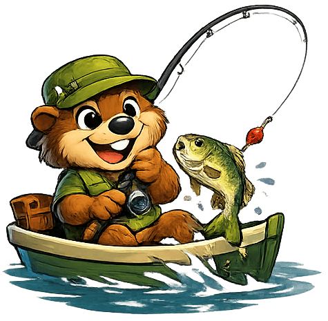 Bucky the beaver fishing from a small boat